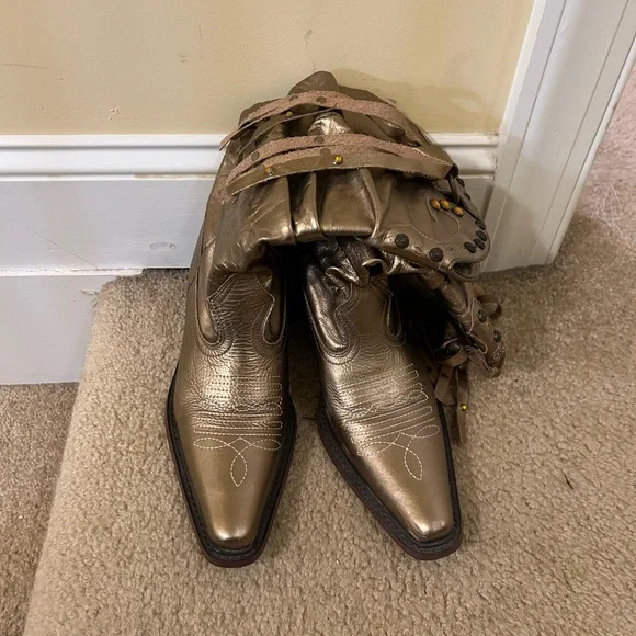 Steve Madden leather metallic gold stud detail slouch fringe cowgirl boots - Picture 7 of 13